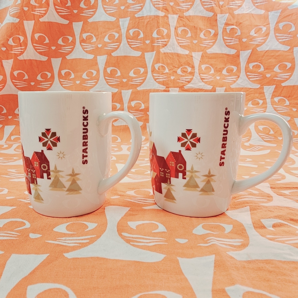 Starbucks 2013 Christmas Holiday Coffee Mug Set of 2. Village Red House design